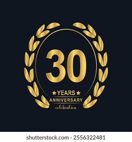 30th Years Anniversary celebration. Vector Template festive illustration Golden Color,. Birthday or wedding party event decoration.