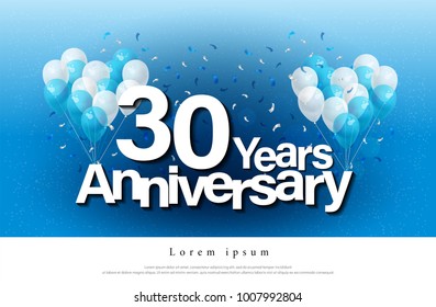 30th years anniversary greeting card lettering template with balloon and confetti. Design for invitation card, banner, web, header and flyer. vector illustrator