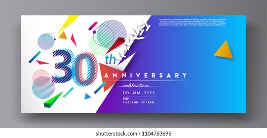 30th years anniversary logo, vector design birthday celebration with colorful geometric background and circles shape.