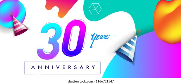 30th years anniversary logo, vector design birthday celebration with colorful geometric background and futuristic elements