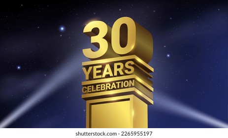 30th Years Celebration, 3D Gold Statue with Spotlights, Luxury Hollywood Light, Vector Illustration