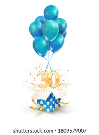 30th years celebrations. Greetings of thirty anniversary isolated vector design elements. Open textured gift box with numbers and flying on balloons.