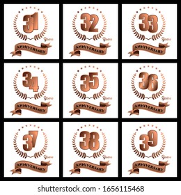 31, 32, 33, 34, 35, 36, 37, 38, 39 anniversary template design golden color with ribbon and ring memorial celebration event