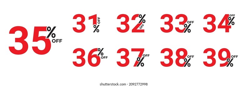 31%, 32%, 33%, 34%, 35%, 36%, 37%, 38%, 39% Discount. Sale tags set vector badges template. Sale offer price sign. Special offer symbol. Discount promotion. Discount badge shape. Vector design