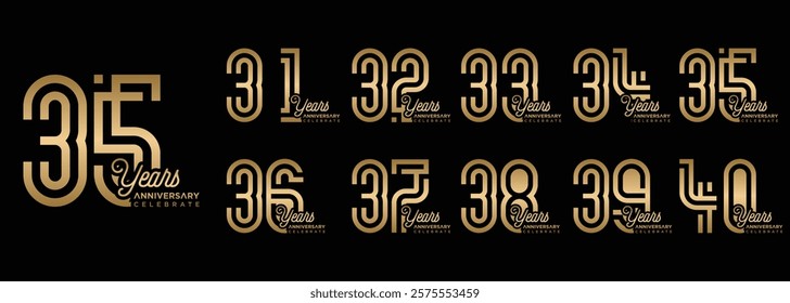 31 to 39 years anniversary collection in gold color, creative number design vector illustration. for birthday, greeting, special moment