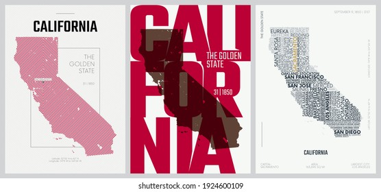 31 von 50 Sets, US State Posters mit Namen und Informationen in 3 Design-Stilen, Detaillierte Vektorgrafik-Druck Kalifornien-Karte