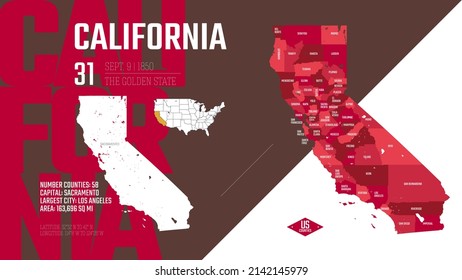 31 of 50 states of the United States, divided into counties with territory nicknames, Detailed vector California Map with name and date admitted to the Union, travel poster and postcard