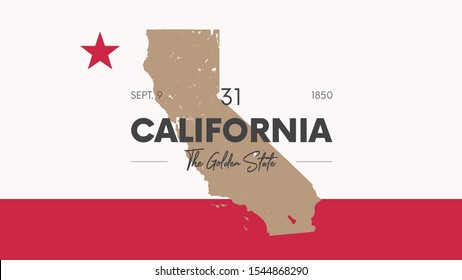 31 of 50 states of the United States with a name, nickname, and date admitted to the Union, Detailed Vector California Map for printing posters, postcards and t-shirts