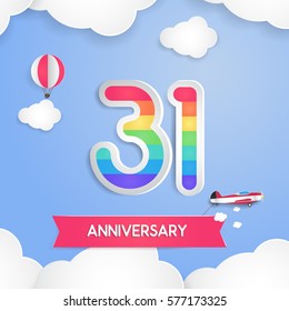 31 Anniversary Celebration Logo with Rainbow Colored and using Paper Art Design Style