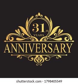 31 Anniversary Design. Thirty-one Anniversary Victor Design. Luxurious golden color printable 31 years Anniversary logotype design celebration.