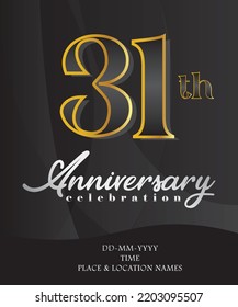 31 Anniversary Invitation and Greeting Card Design, Golden and Silver Coloured, Elegant Design, Isolated on Black Background. Vector illustration.