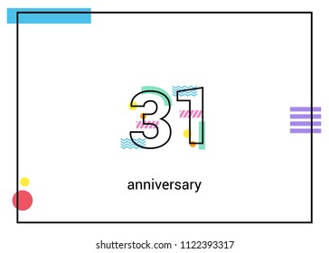 31 Anniversary simple black line with memphis ornaments isolated on white background