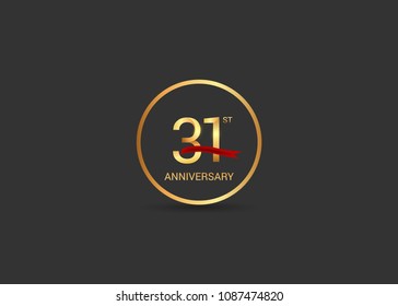 31 anniversary vector design golden color with ring and red ribbon isolated on black background
