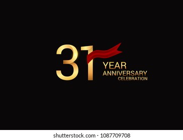 31 anniversary vector design golden colored with red ribbon isolated on black background