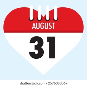 31 August calendar icon red heart shape on light sky blue color background, calendar vector symbol for the month of August.