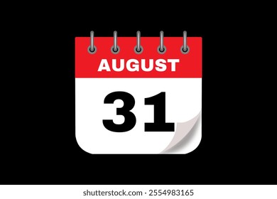 31 August calendar icon text page monthly web design on red, white and black background vector, icon, or illustration with the month of August 31