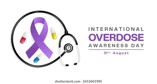 31 August is International Overdose Awareness Day. Ribbon, stethoscope and medicine. Perfect for posters, banners and social media. White background.