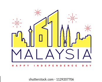 31 August - Malaysia Independence Day illustration with number 61 and city skyline in line art style.