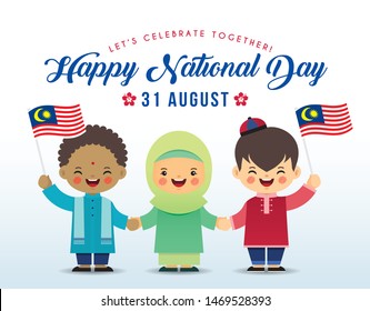 31 August - Malaysia Independence Day illustration. Cute cartoon kids of Malay, Indian & Chinese holding hands together with Malaysia flag in flat vector design.