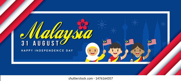 31 August - Malaysia Independence Day banner design. Cartoon Malaysia citizen holding flag with number 62 and city skyline in flat vector illustration.