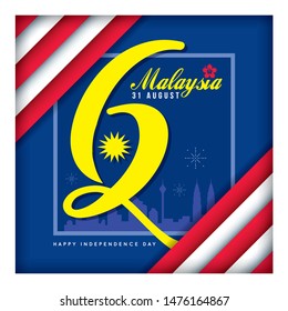 31 August - Malaysia Independence Day greeting card. Number 62 and city skyline in flat vector illustration.