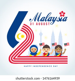 31 August - Malaysia Independence Day greeting card. Cartoon Malaysia citizen holding flag with number 62 and city skyline in flat vector illustration.