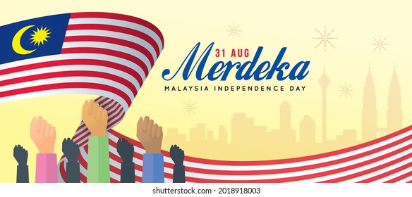 31 August - Malaysia Independence Day Greeting Banner. Malaysia Citizen With Flag And Cityscape Silhouette. Flat Design. Vector Illustration. (Merdeka Means Independent Or Free) 