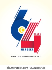 31 August - Malaysia Independence Day. Modern number 64 abstract art refer to Malaysia flag colour. 64th years symbol or logo design. Merdeka means independent or freedom.