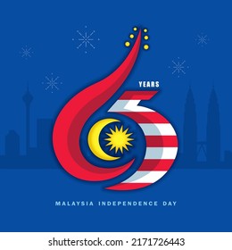 31 August - Malaysia Independence Day. Abstract number 65 with Kuala Lumpur cityscape base on Malaysia flag colours. 65th years symbol or logo design.