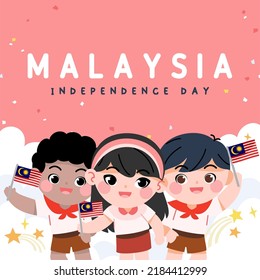 31 August Malaysia Independence Day Illustration. Cute Cartoon Kids Of Malay, Indian, Chinese With Malaysia Flag In Flat Vector Design