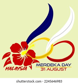 31 August - Malaysia Independence Day. 2023 is the 66th Malaysia Independnce day. Abstract number 66 and with hibiscus red vector. malaysia merdeka.