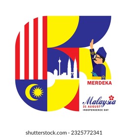 31 August - Malaysia Independence Day greeting poster. Number 66 with cityscape silhouette base on Malaysia flag colours. 66th anniversary flat geometric art design. (Merdeka means independent)