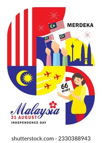 31 August - Malaysia Independence Day greeting poster. Number 66 with Malaysia citizen and cityscape silhouette base on Malaysia flag colours. Flat geometric art design. (Merdeka means independent)