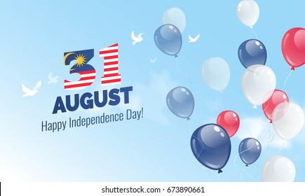 31 August. Malaysia Independence Day greeting card. Celebration background with flying balloons and blue sky. Vector illustration