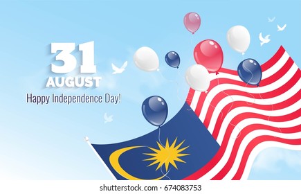 31 August. Malaysia Independence Day greeting card. Celebration background with flying balloons and waving flag. Vector illustration