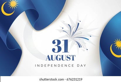 31 August. Malaysia Independence Day background in national flag color theme. Celebration banner  with waving flags and fireworks. Vector illustration