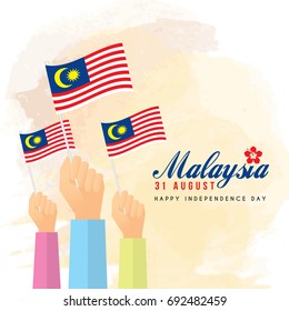 31 August - Malaysia Independence Day illustration of citizen with Malaysia flags.