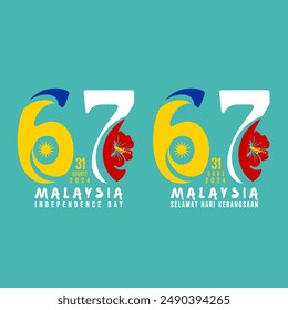 31 August is Malaysia's Independence Day. Malaysia's 67th independence day is in 2024. Abstract number 67, with hibiscus red vector. Malaysia Merdeka.
