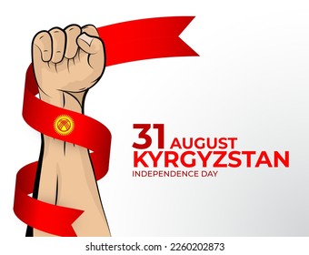 31 de agosto. Imagen vectorial de la tarjeta de felicitación del Día de la Independencia para el país de Kirguistán con puños apretados y una cinta de la bandera. Usar para banners en fondo blanco.