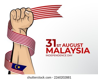 31 de agosto. Imagen vectorial de la tarjeta de felicitación del Día de la Independencia feliz para el país de Malasia con puños apretados y una cinta de bandera. Usar para banners en fondo blanco.