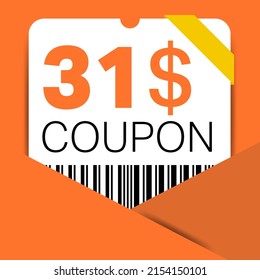 31$ Coupon promotion sale for a website, internet ads, social media gift 31 Dollar off discount voucher. Big sale and super sale coupon discount. Price Tag Mega Coupon discount vector illustration.