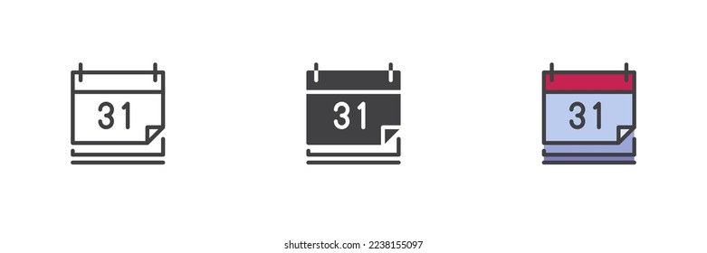 31 day calendar page different style icon set. Line, glyph and filled outline colorful version, outline and filled vector sign. Symbol, logo illustration. Vector graphics