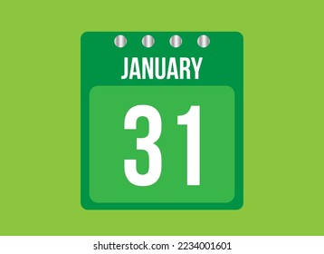 vector del calendario de 31 días de enero. Icono de la página del calendario para el mes de enero con pin metálico. Calendario sobre fondo verde.