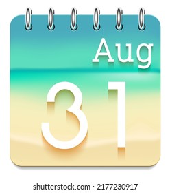 31 day of the month. August. Marine view  calendar daily icon. Date day week Sunday, Monday, Tuesday, Wednesday, Thursday, Friday, Saturday. White text. Sea background. Vector illustration. Sea coast.