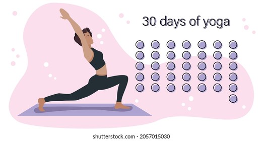 31 days of sports. Habit tracker. 31 days of yoga. Challenge tracker. Woman doing sports, yoga. 
