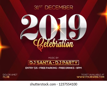 31 December 2019 celebration party template or poster design with text 2019 on glossy brown background.