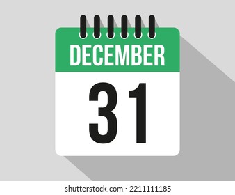 31 December calendar vector icon. Green December date for the days of the month and week