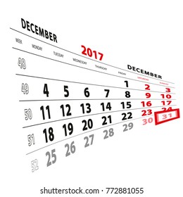 31 December highlighted on calendar 2017. Week starts from Monday. Vector Illustration.