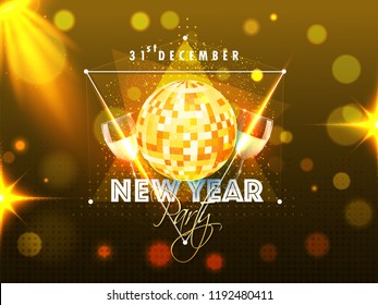 31 December party poster or banner design with shiny golden disco ball on glossy blurred background for New year celebration.