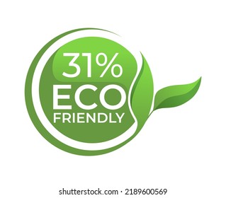 31% Eco friendly circle label sticker Vector illustration with green organic plant leaves. Eco friendly stamp icon. 2d vector illustration. 